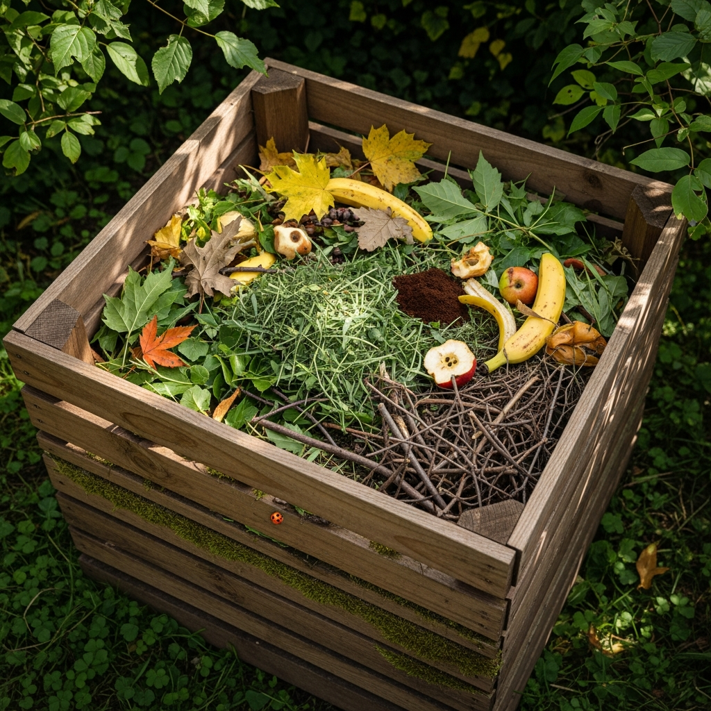 Composteur en bois avec déchets végétaux et vers de terre